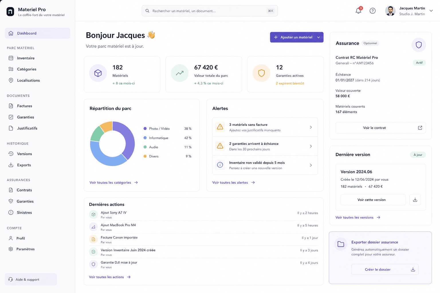 Interface Materiel Pro avec inventaire, garanties, assurance et versions